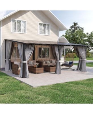 20'x10' Wall Mounted Lean to Gazebo, Aluminum Pergola with Polycarbonate Roof, Curtains and Net