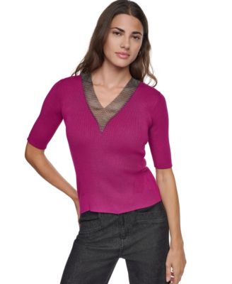 Women's Crystal V-Neck Cable-Knit Embellished Pullover Sweater