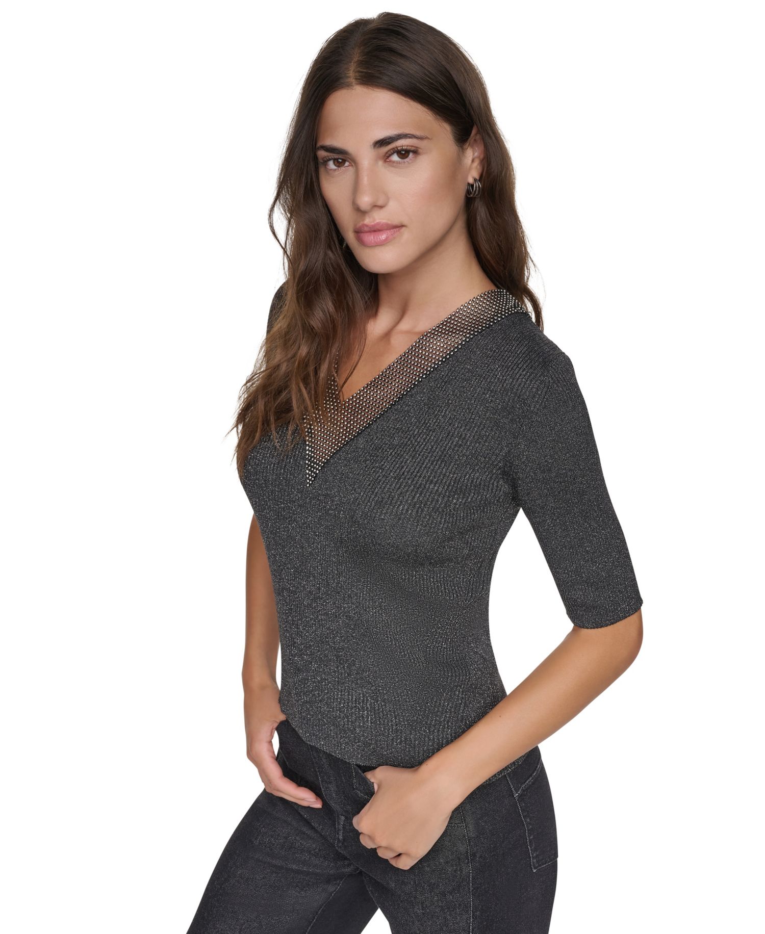 Women's Embellished Lurex V-Neck Sweater