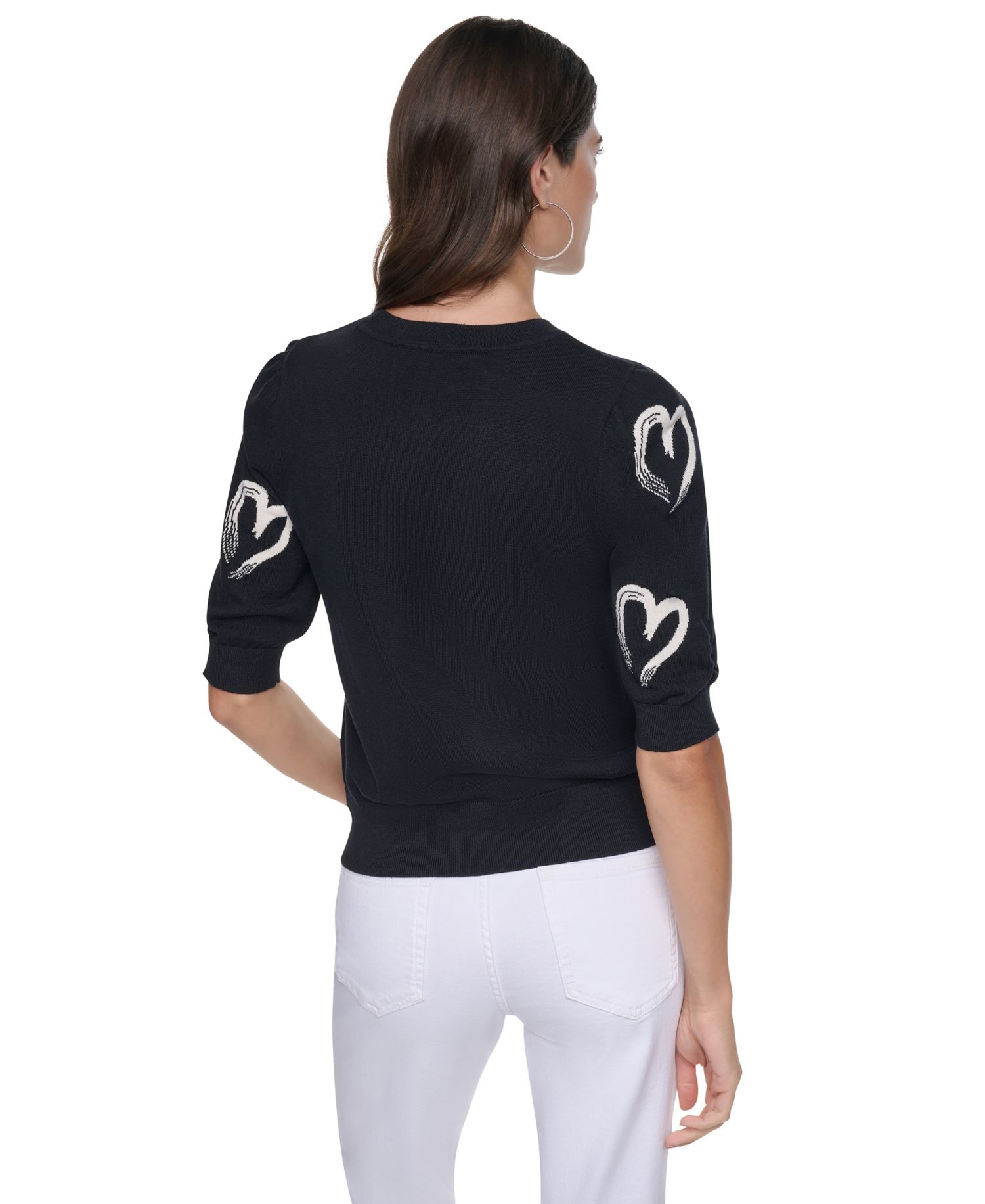 Women's Mini Hearts Crewneck Elbow-Sleeve Sweater