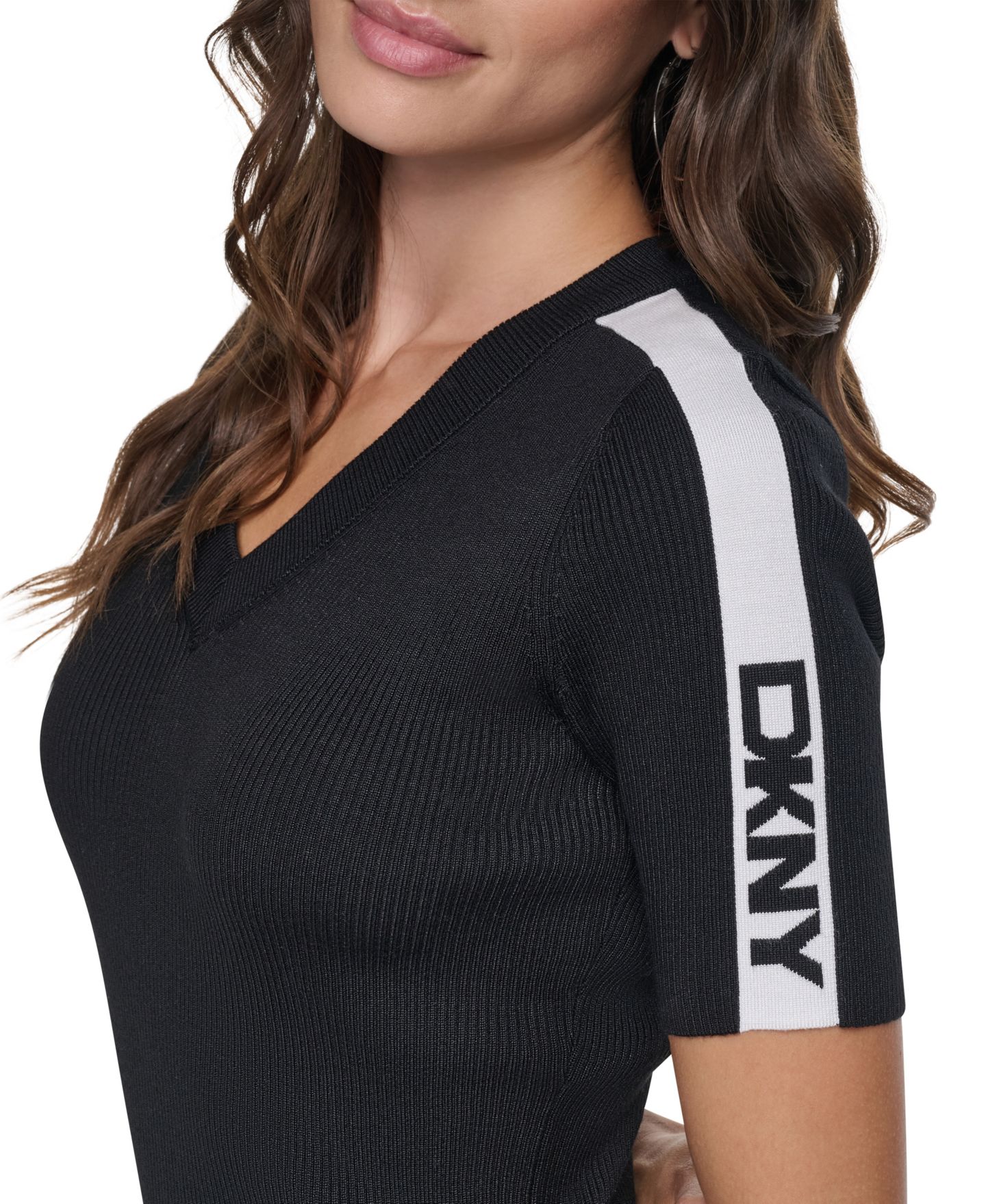 Женский свитер DKNY V-Neck Logo Stripe Short-Sleeve, цвет: Чёрный / Слоновая кость — фото 5