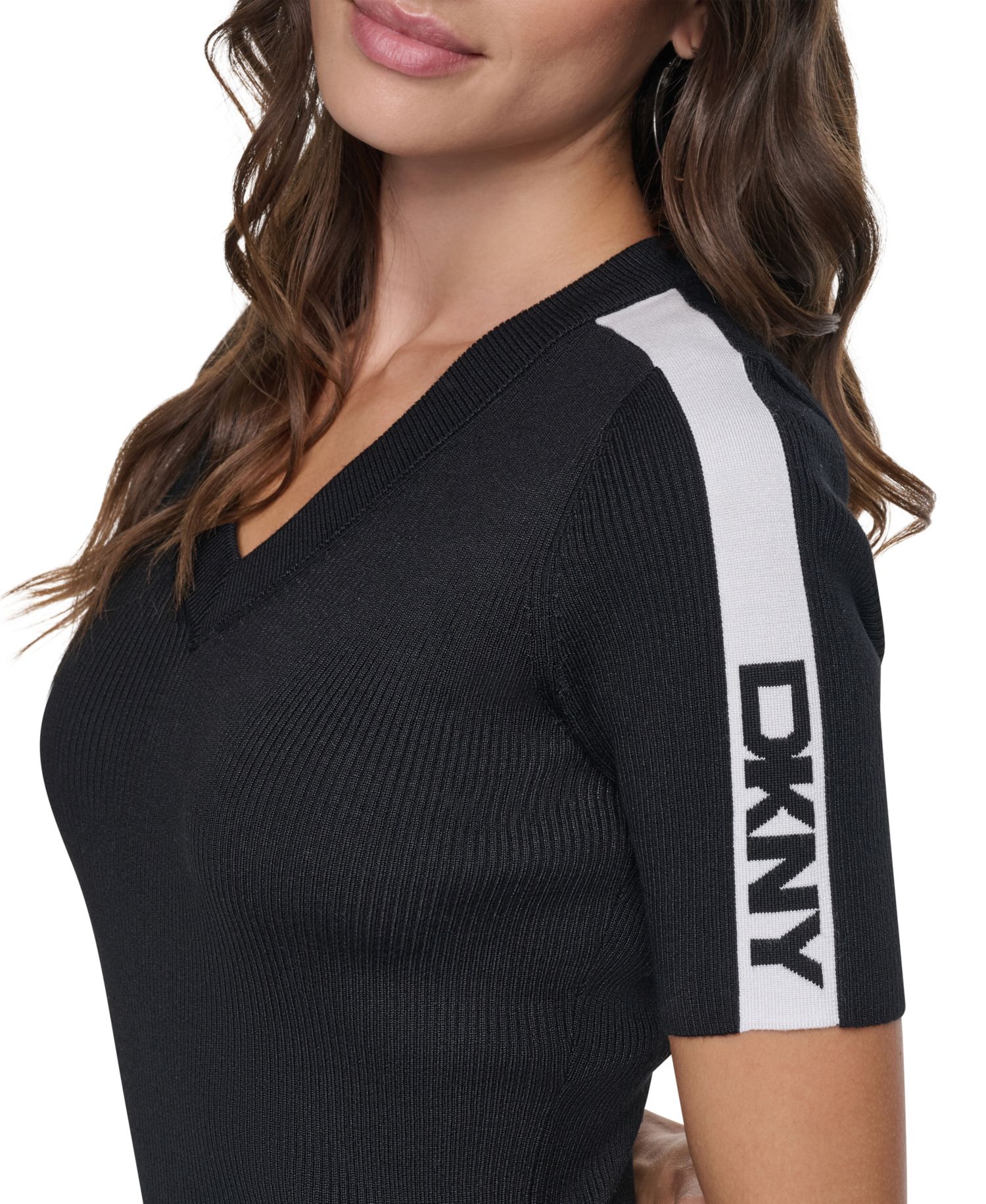 Women's V-Neck Logo Stripe Short-Sleeve Sweater