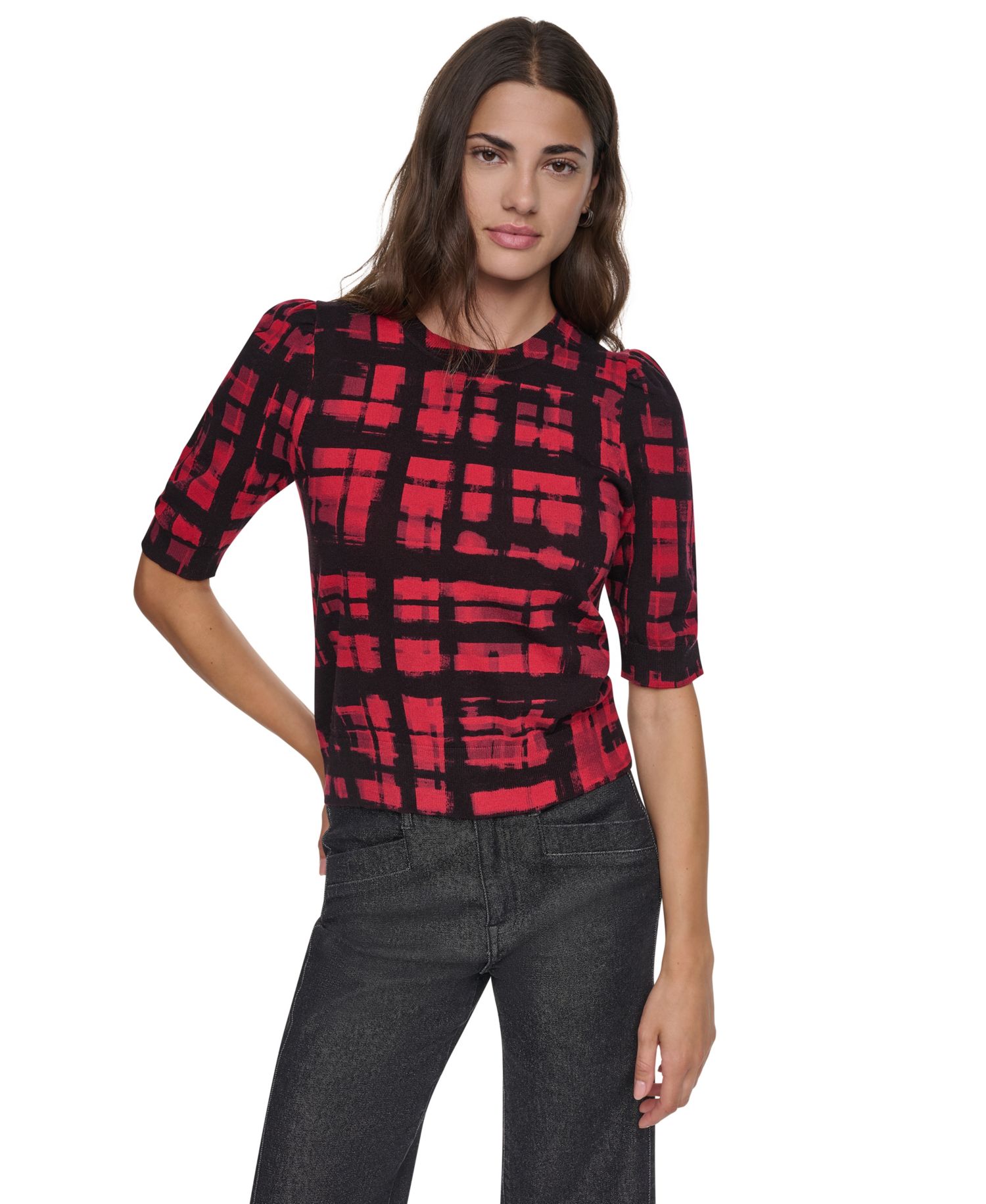Women's Plaid Elbow-Sleeve Pullover Sweater