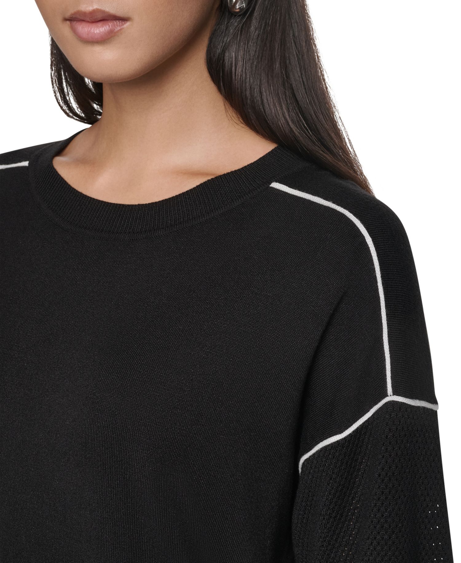 Women's Short-Sleeve Pointelle-Mesh Contrast-Trim Sweater