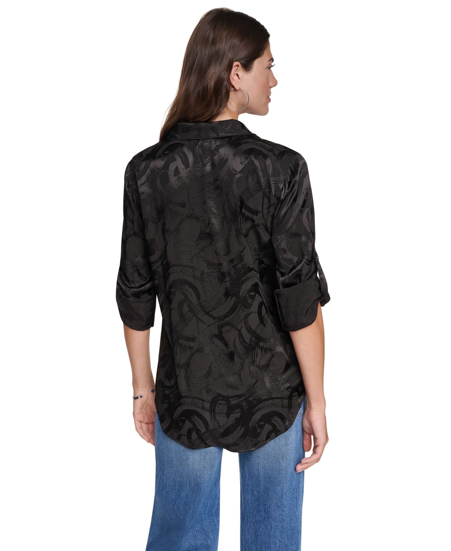 Женская блузка DKNY Roll-Tab Jacquard Blouse, цвет: Чёрный — фото 4