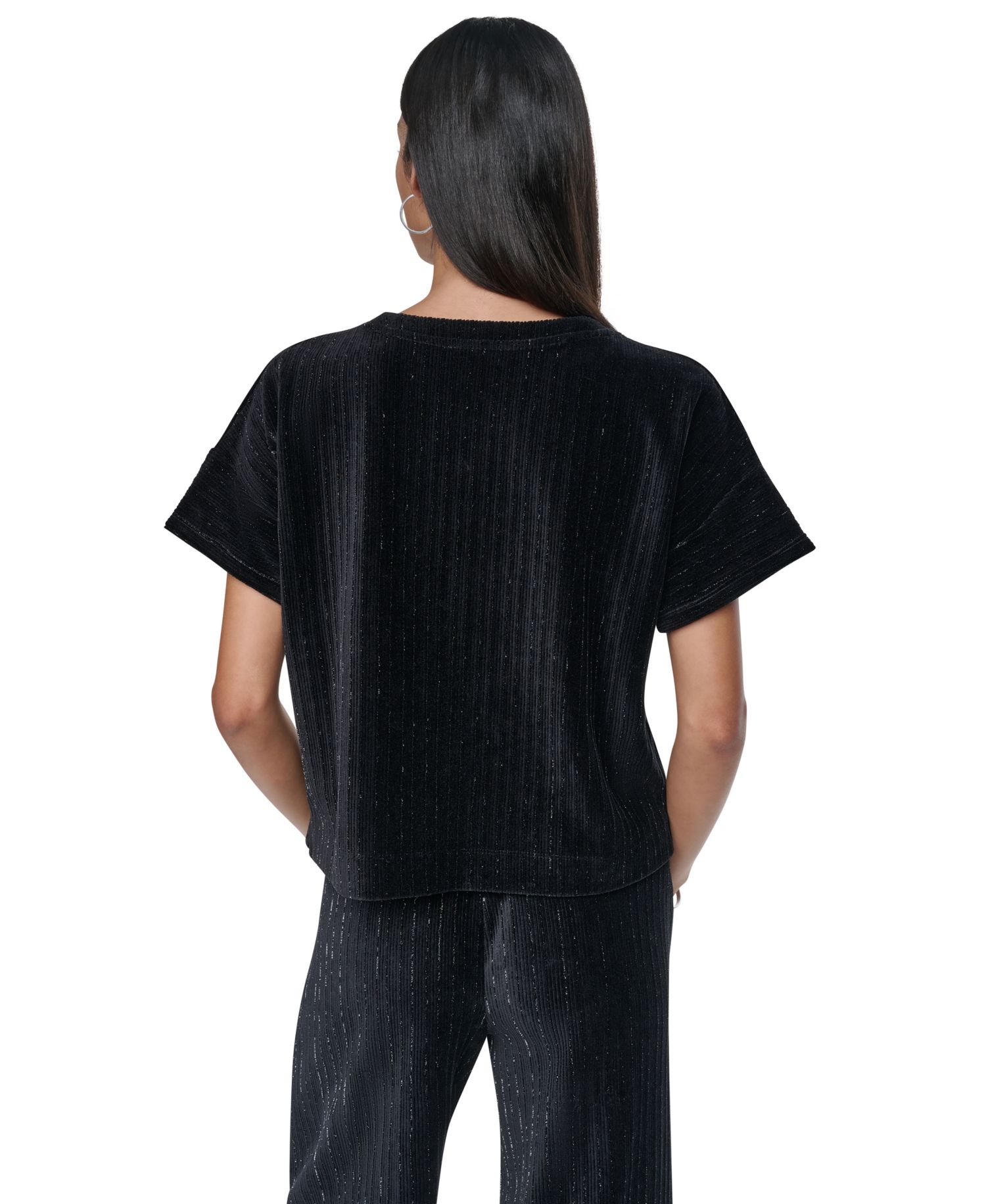 Women's Lurex Velvet Knit Scoop Neck Short-Dolman Sleeves T-Shirt