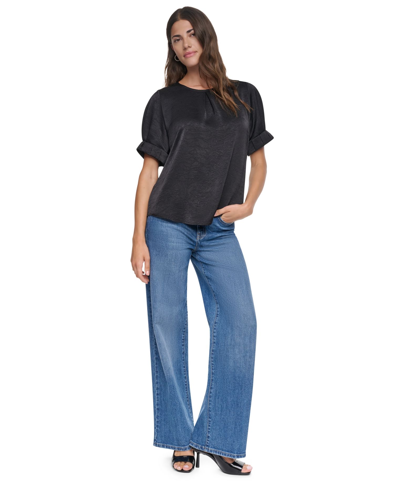Women's Satin Roll-Sleeve Slight-Crease Crewneck Blouse