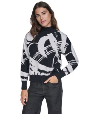 Women's Mock Neck Heart Brushstroke Long-Sleeve Pullover Sweater