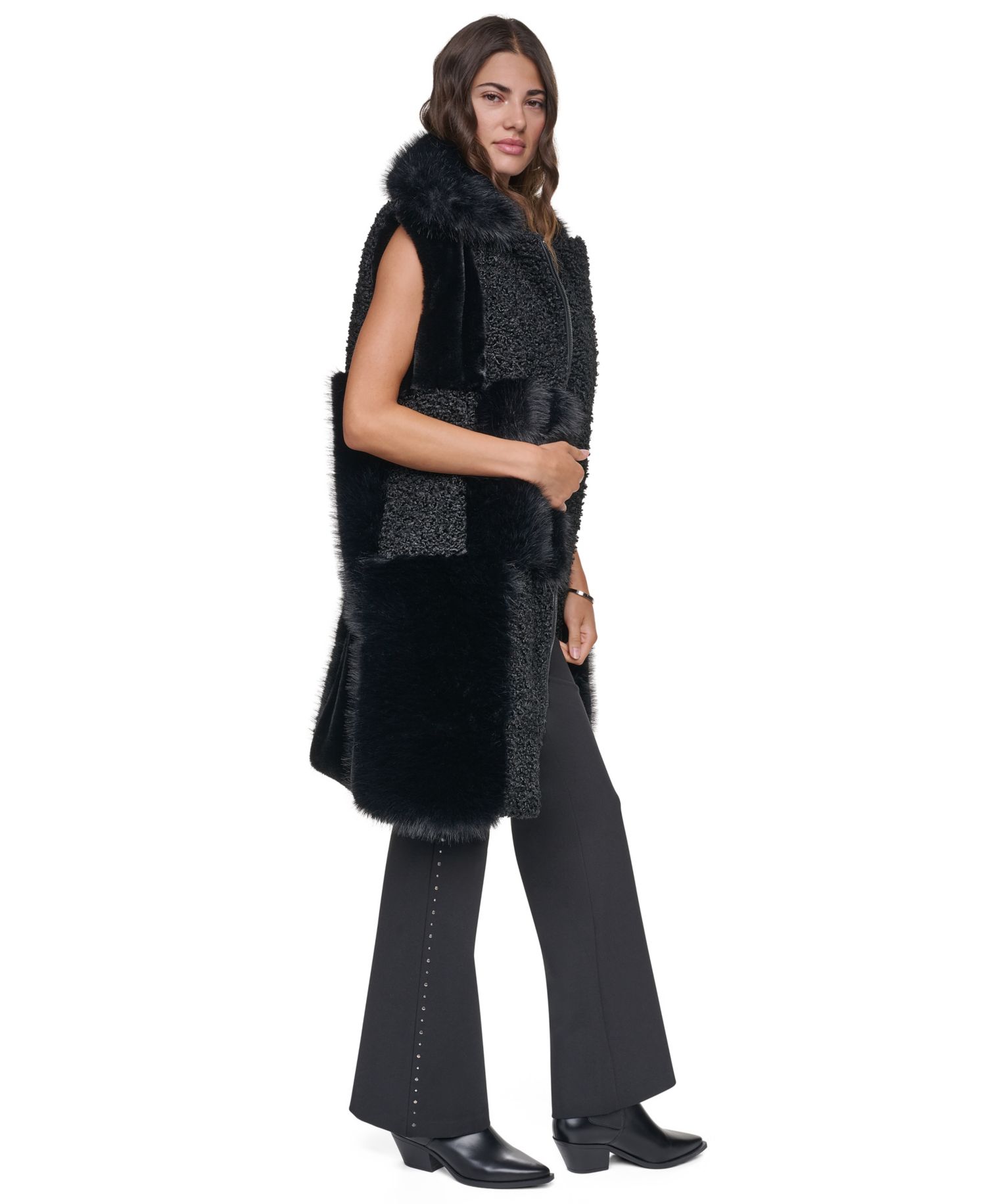 Women's Patch-Mix Mid-Length Collared Faux Fur Vest