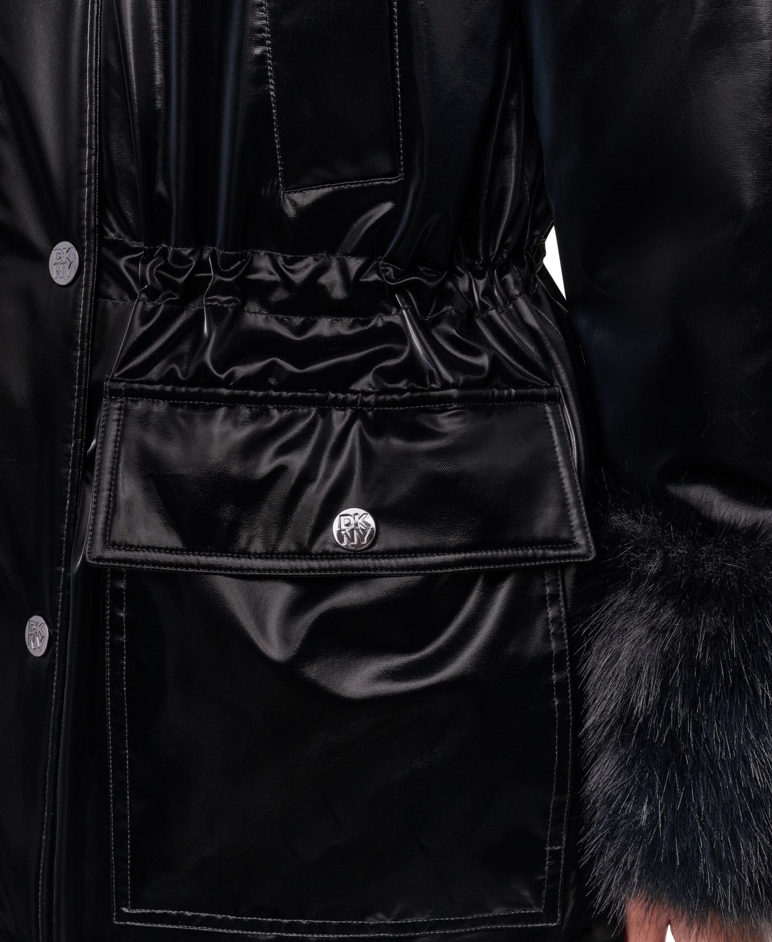 Women's Hooded Knee-Length Faux Fur Cuff Nylon Velvet Coat