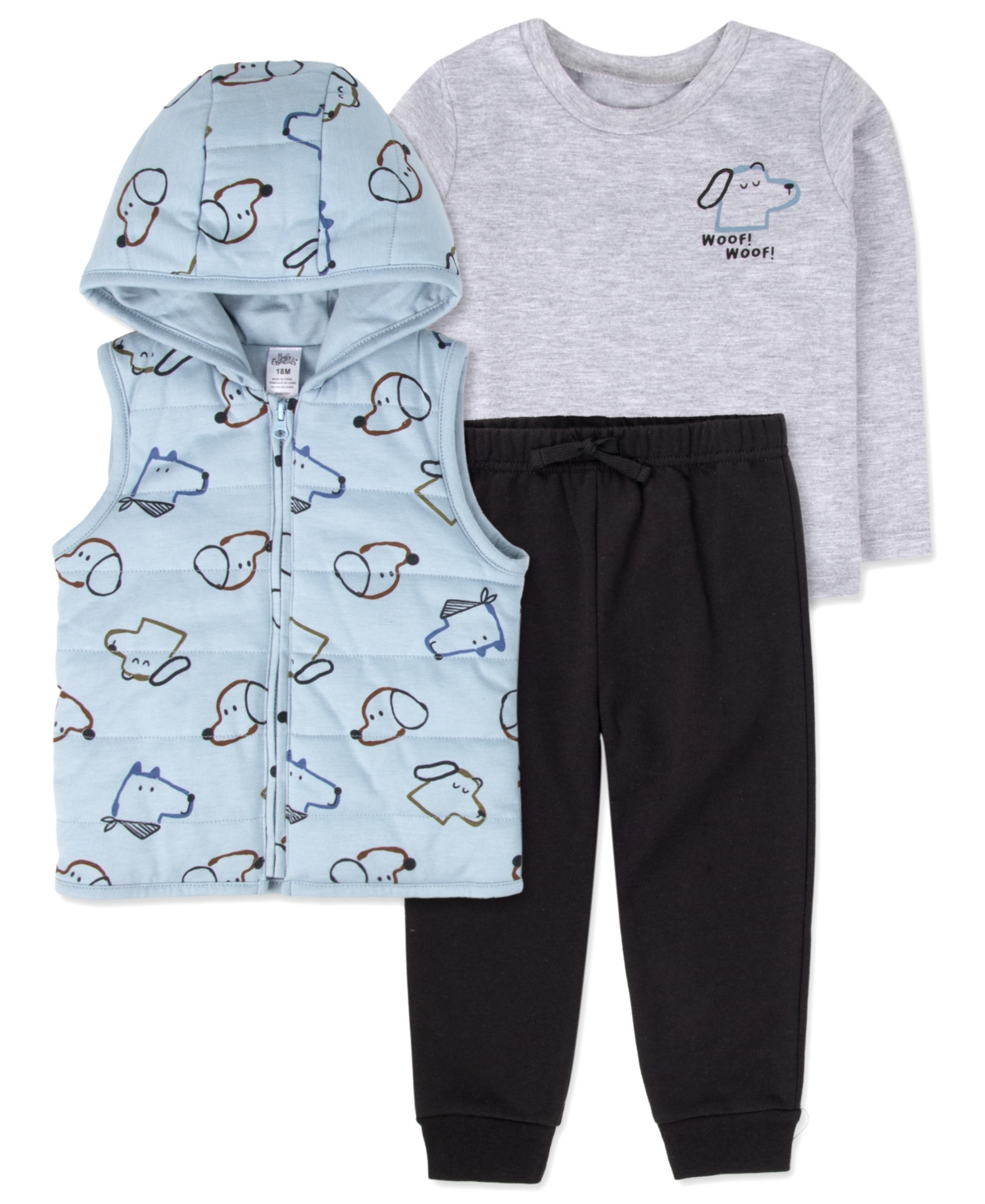 Baby Essentials Baby Boys' Woof Long-Sleeve Dog-Graphic Hooded Tee, Vest and Jogger Pants, 3-Piece Set - Gray and Blue