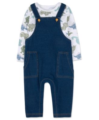 Baby Boys' Dinosaur-Print Faux Denim Overalls and Long-Sleeve Bodysuit, 2-Piece Set