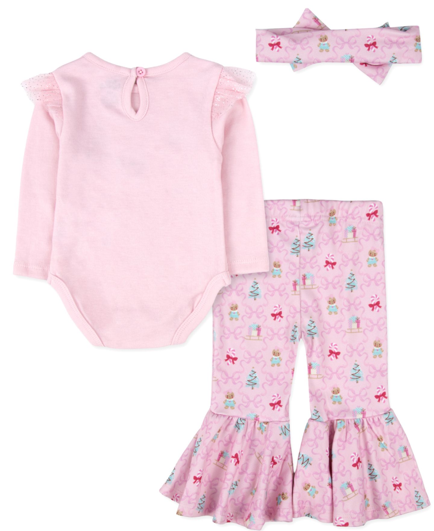 Baby Essentials Boys' and Girls' Long-Sleeve Holiday Bodysuit, Pants, and Bow Headband, 3-Piece Set, цвет: Розовый — фото 2