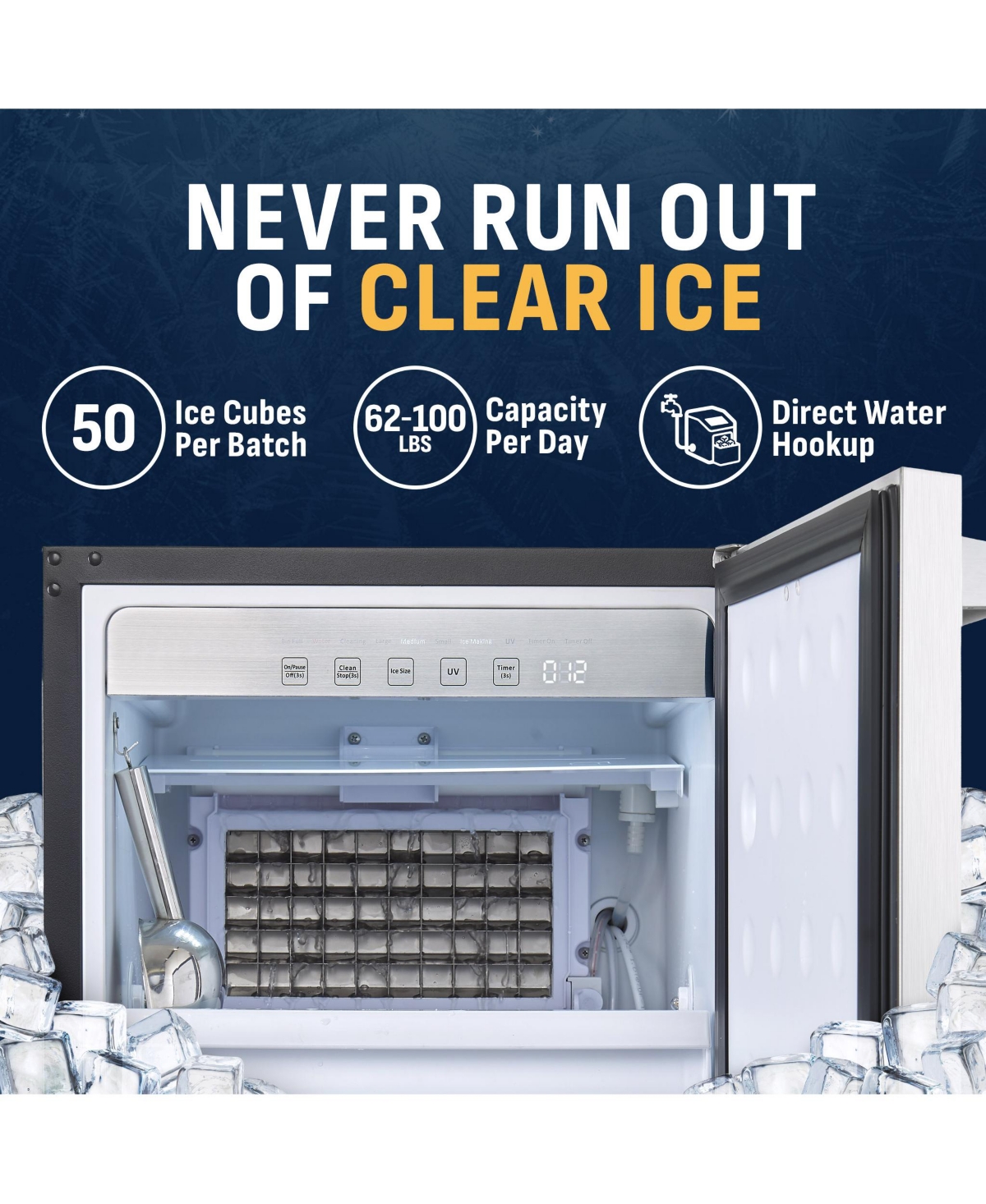 Newair 18" Undercounter Clear Ice Maker, 62-100 lbs