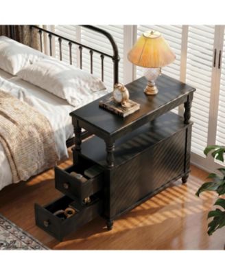 Narrow Nightstand with 2 Drawers and Shelf