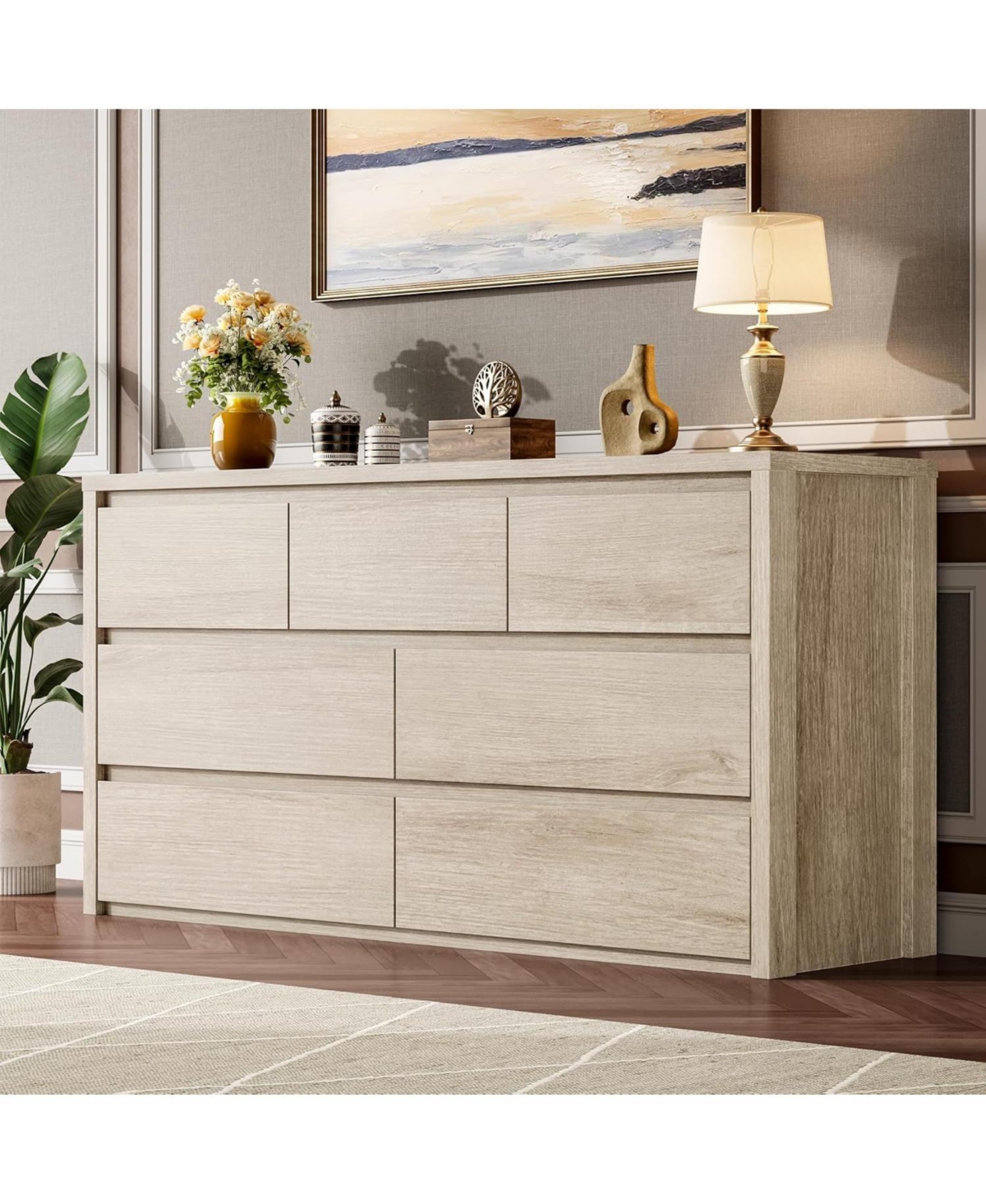 homfan 53.1 x 15.6 x 32.1 in 7 Drawer Dresser, Mid-Century Handleless Chest of Drawers for Bedroom, Living Room, Hallway - Washed Wood - Brown
