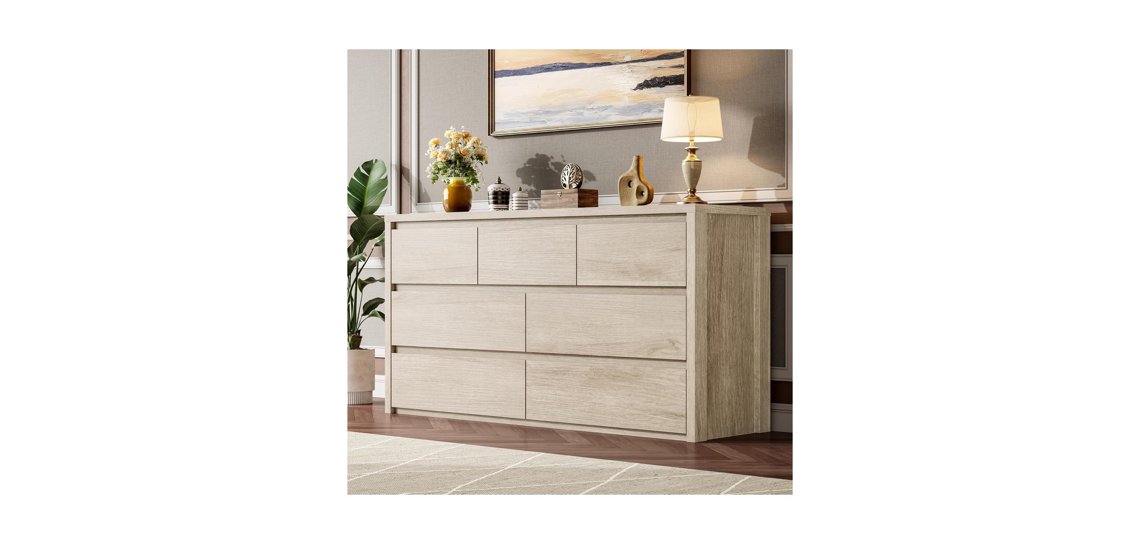 homfan 53.1 x 15.6 x 32.1 in 7 Drawer Dresser, Mid-Century Handleless Chest of Drawers for Bedroom, Living Room, Hallway - Washed Wood