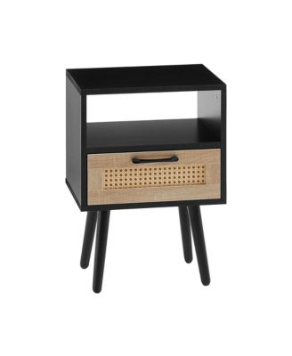 Modern Rattan Nightstands with Drawer and Wood Legs for Living Room