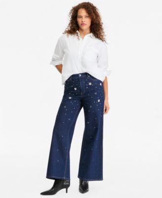 Women's High Rise Embellished Wide-Leg Jeans, Regular & Short