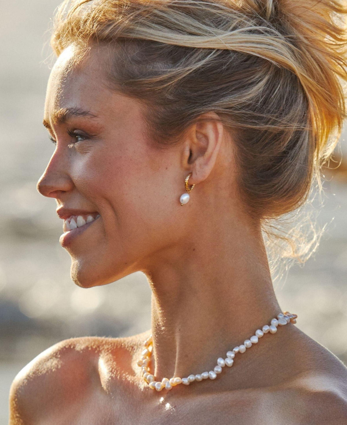 Atolea Faux Pearl Hammered Hoop Earrings