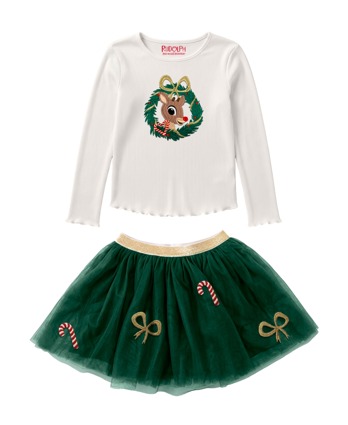 Kate Mack Toddler Girls' 2T-6X Rudolph Holiday Tulle Top and Skirt, 2-Piece Set - Green
