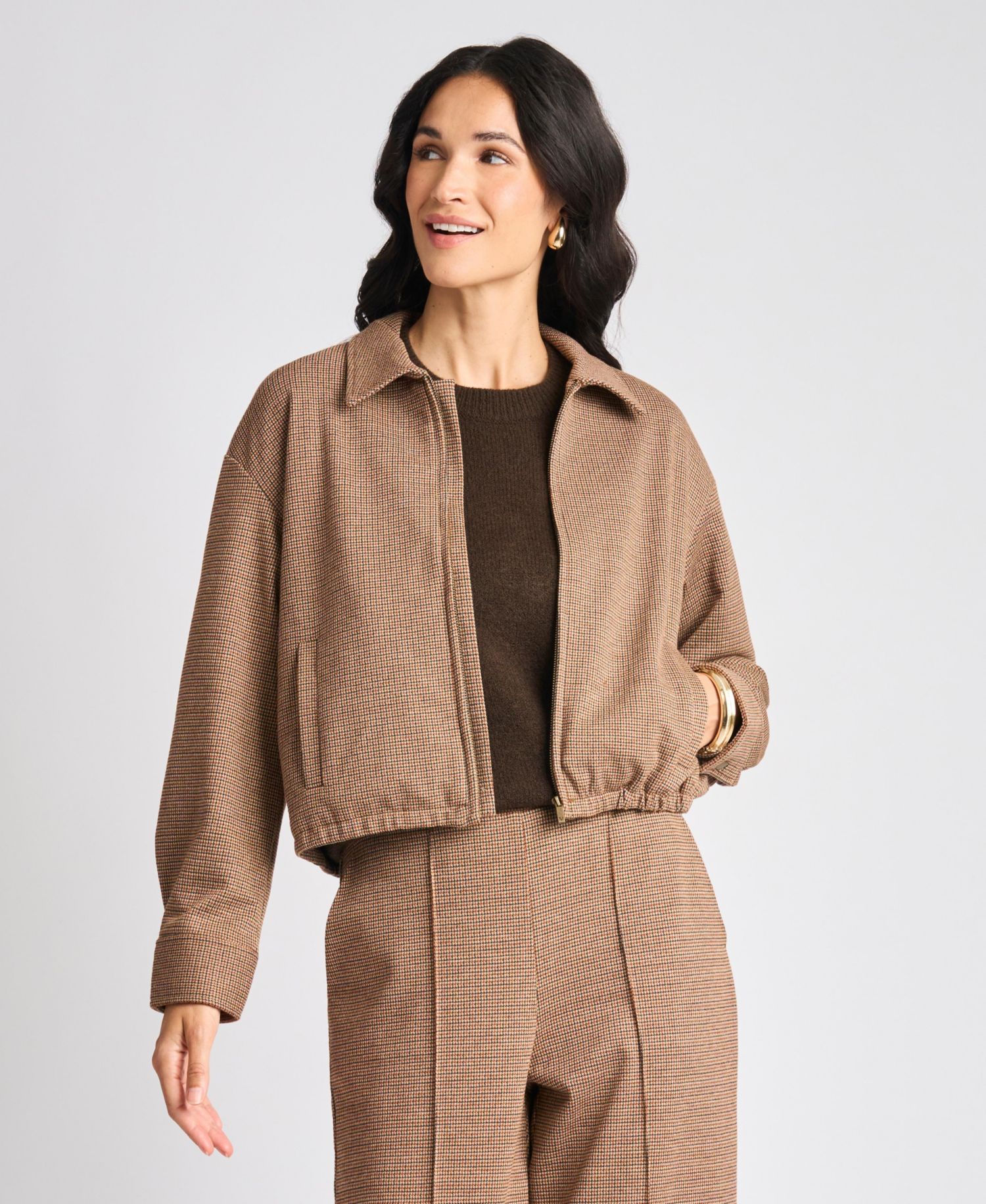 Women's Collared Bubble Front Waffle-Knit Bomber Zip Jacket