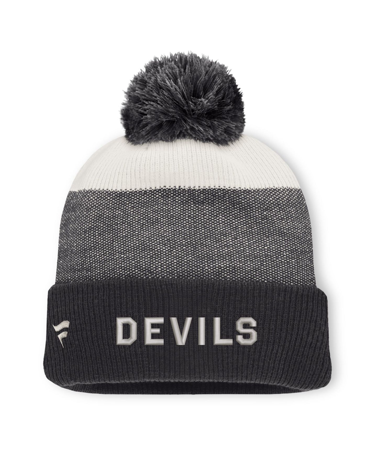 Мужские головные уборы Fanatics Black/Light Beige New Jersey Devils Monochrome Cuffed Knit Hat with Pom — фото 2