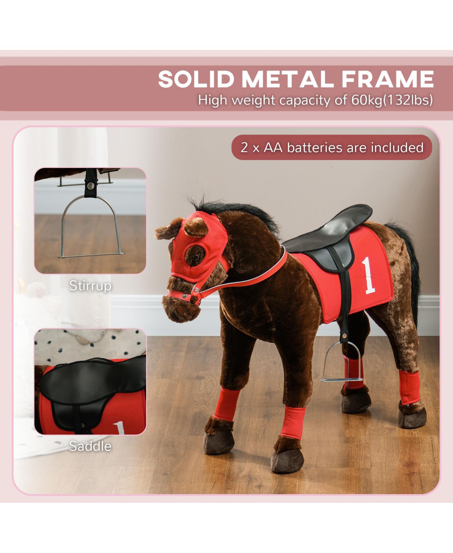 Детская мягкая игрушка Glintex Ride On Horse Toy with Neighing Sound, Plush Racing Pony with Independent Saddle and Stirrups for Kids 3-8, Holds 132 lbs, Brown, цвет: Коричневый — фото 6