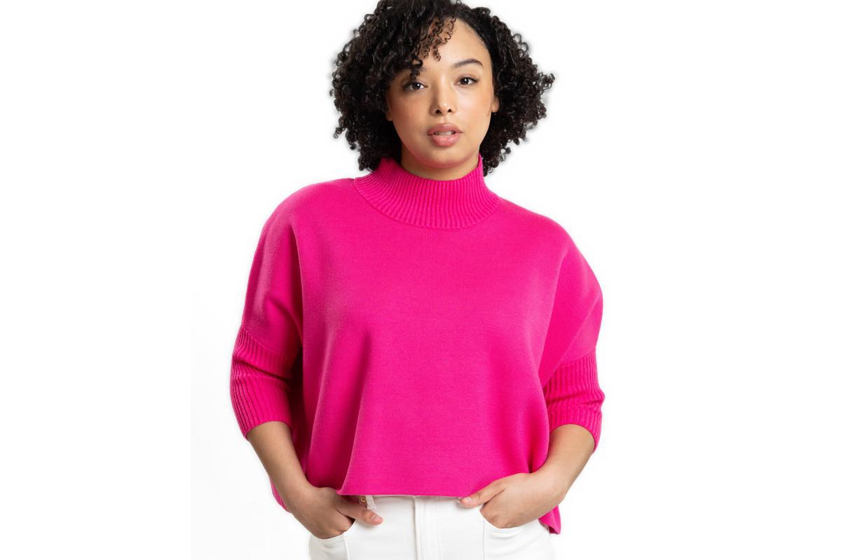 Caldwell Collection Women's Jordan One Size Cropped Turtleneck Sweater with 3/4 Sleeves and Detail Cuff. - Hot pink