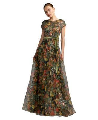 Women's Floral-Print Sequin Belted A-Line Gown