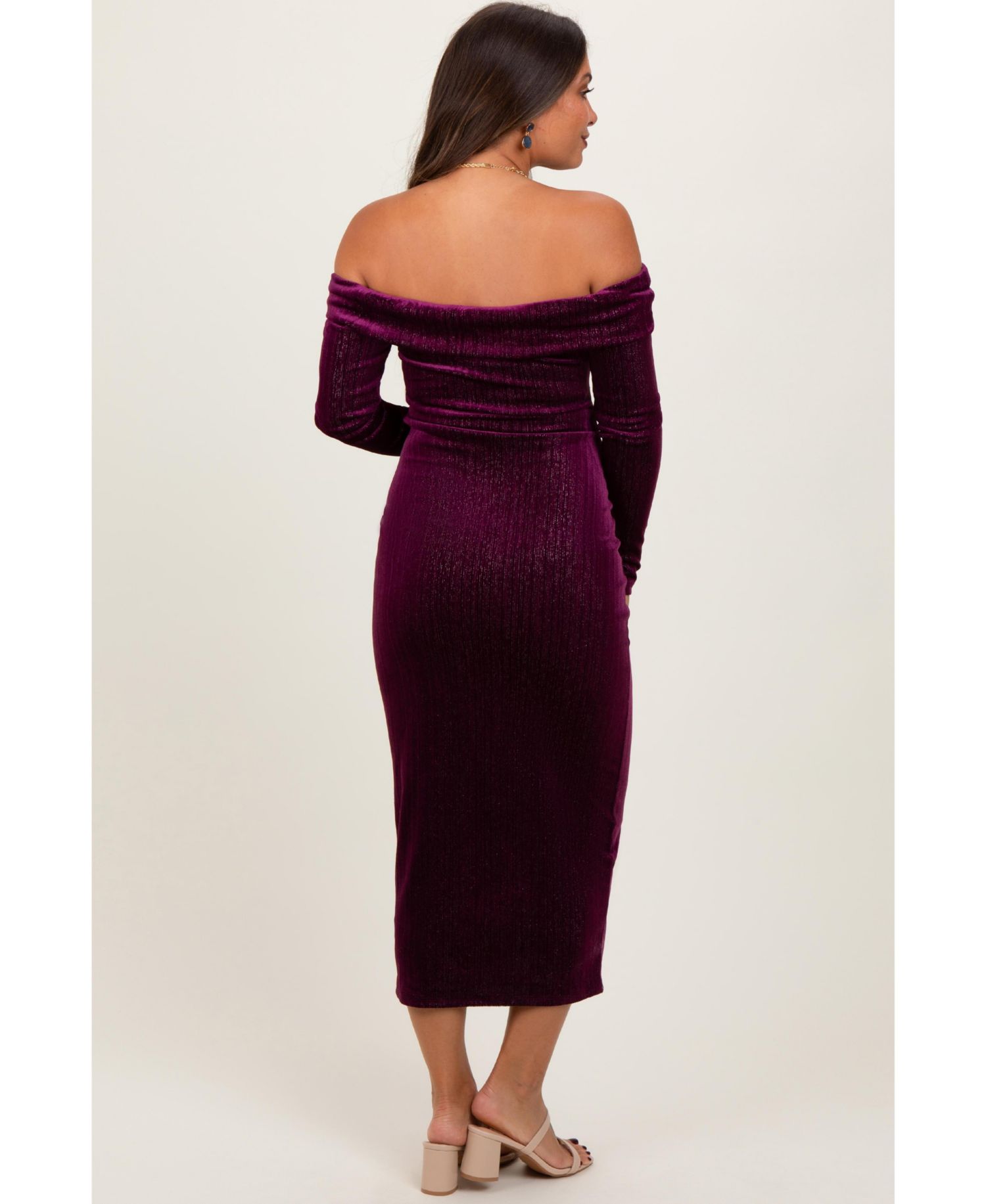Women's Plum Shiny Velour Off Shoulder Midi Dress