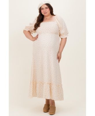 Plus Size Beige Floral Print Square Neckline Maxi Dress