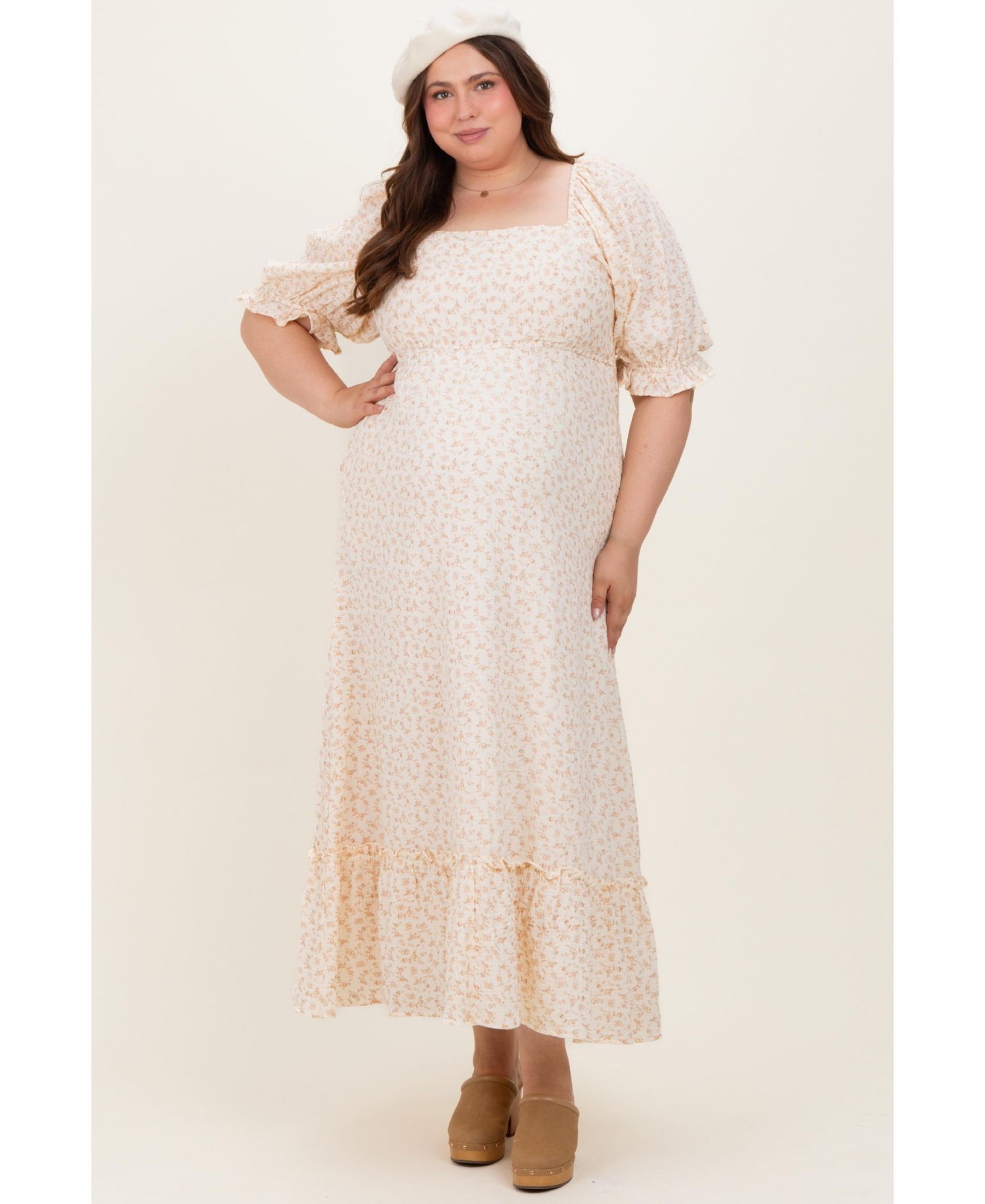 Plus Size Beige Floral Print Square Neckline Maxi Dress