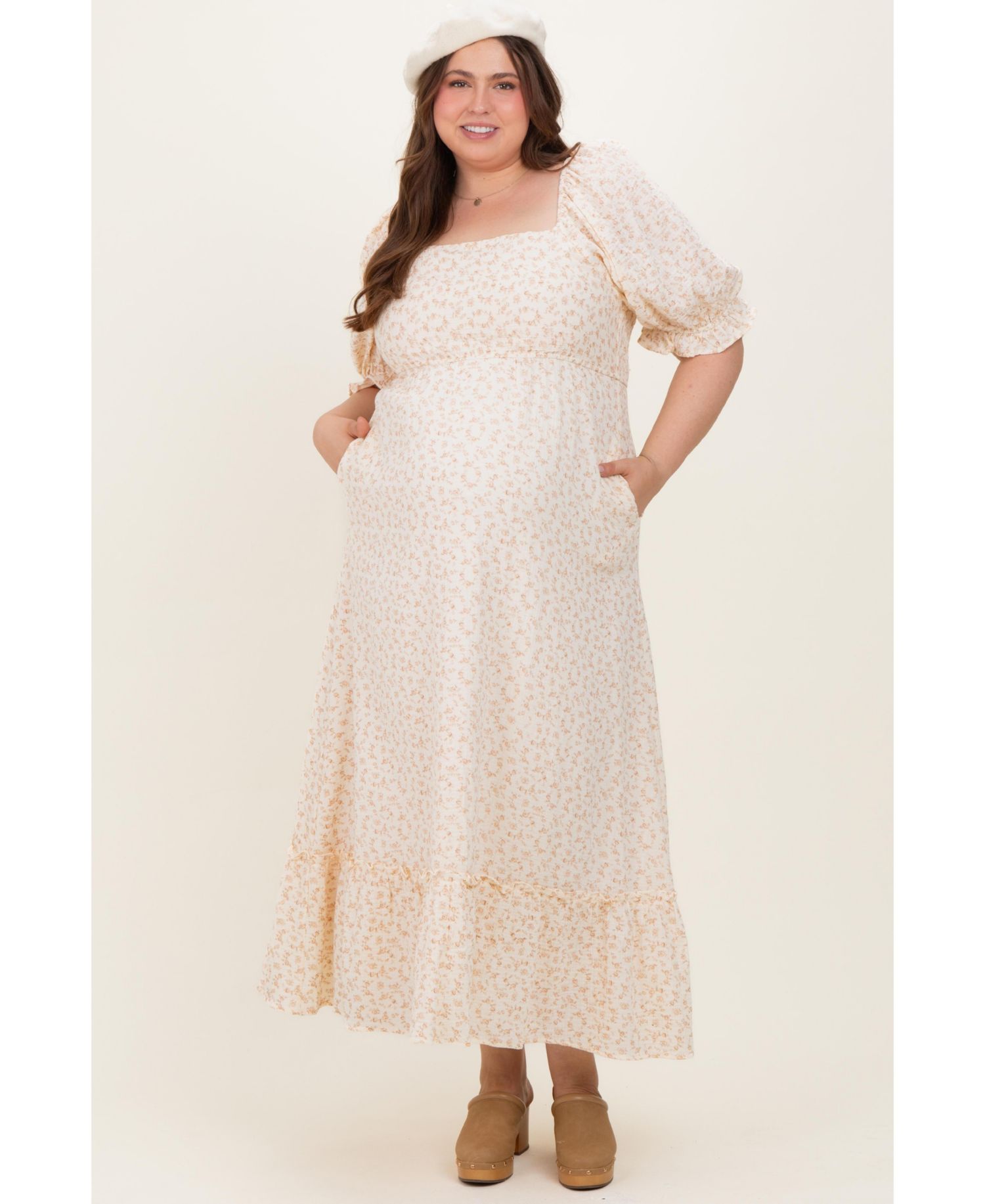 Plus Size Beige Floral Print Square Neckline Maxi Dress