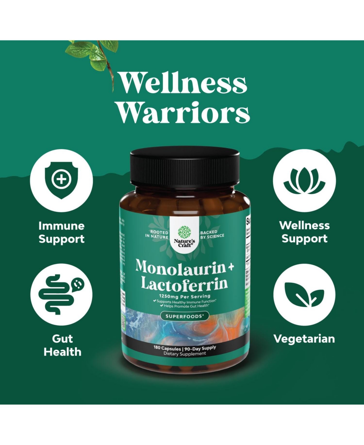 Nature's Craft Lactoferrin and Monolaurin Capsules | 250mg Lactoferrin and 1000mg Monolaurin | 180 Count