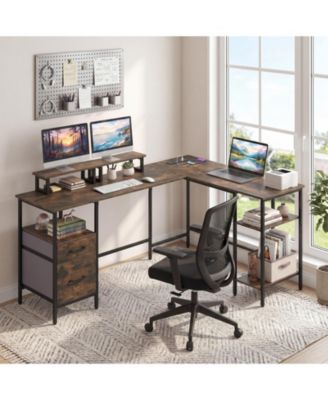63" L Shaped Desk with Power Outlet with Monitor Stands, 2 Drawers, Storage Shelves