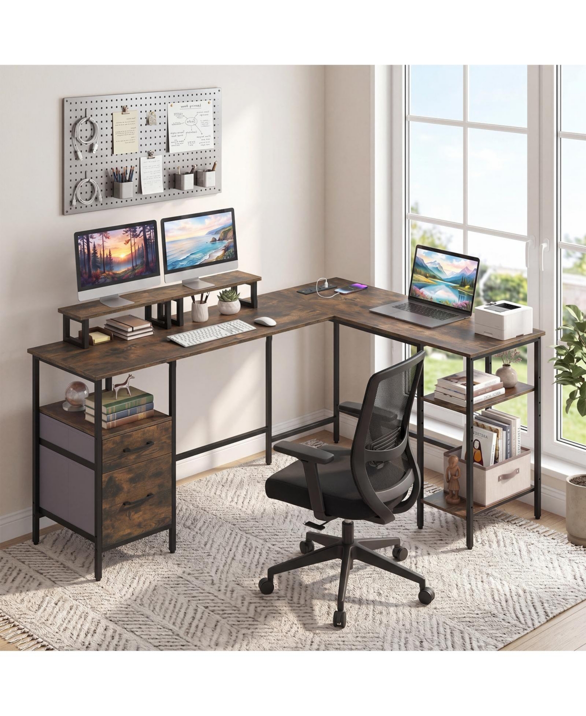 Costway 63" L Shaped Desk with Power Outlet with Monitor Stands, 2 Drawers, Storage Shelves