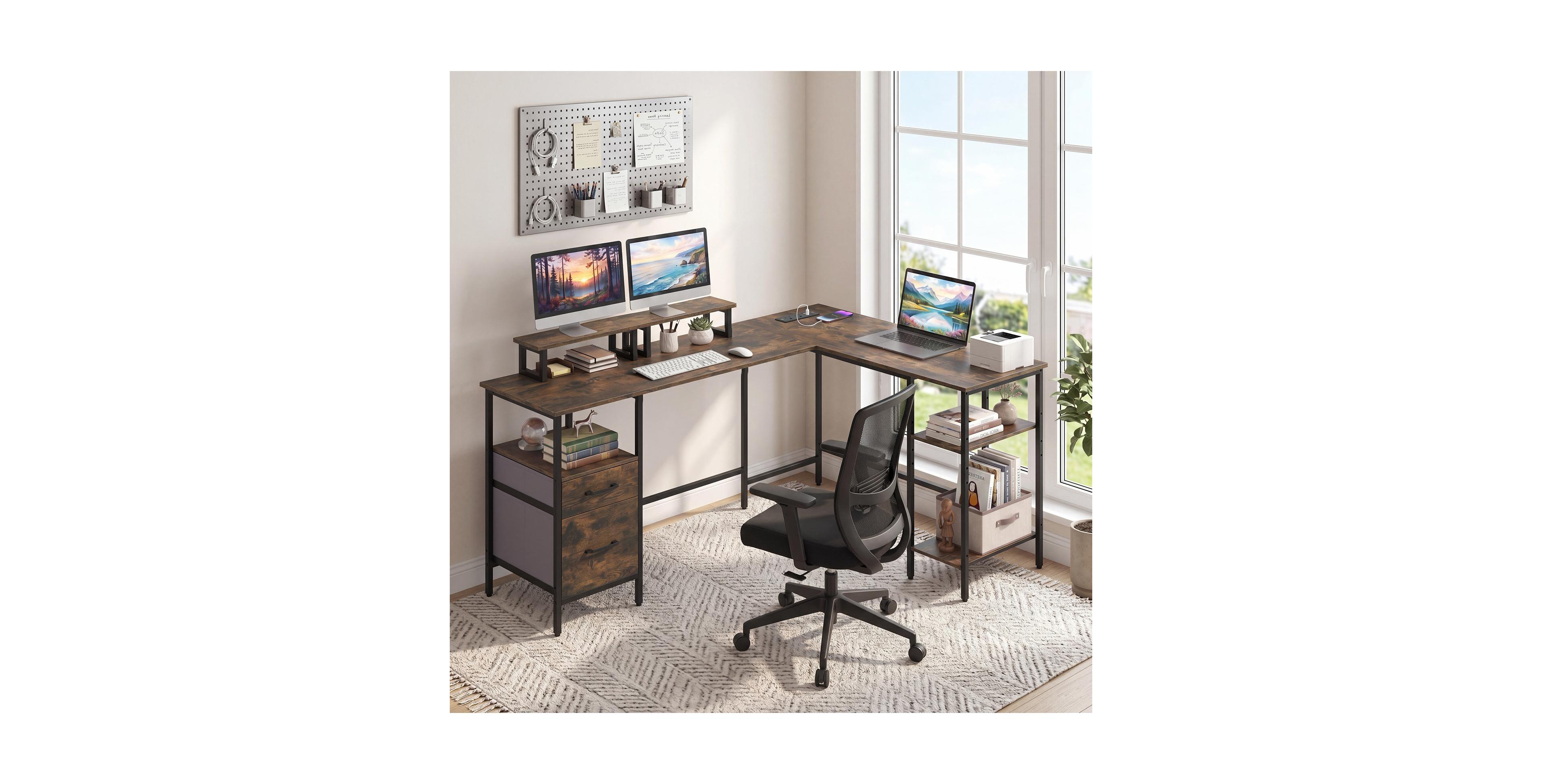 Costway 63" L Shaped Desk with Power Outlet with Monitor Stands, 2 Drawers, Storage Shelves