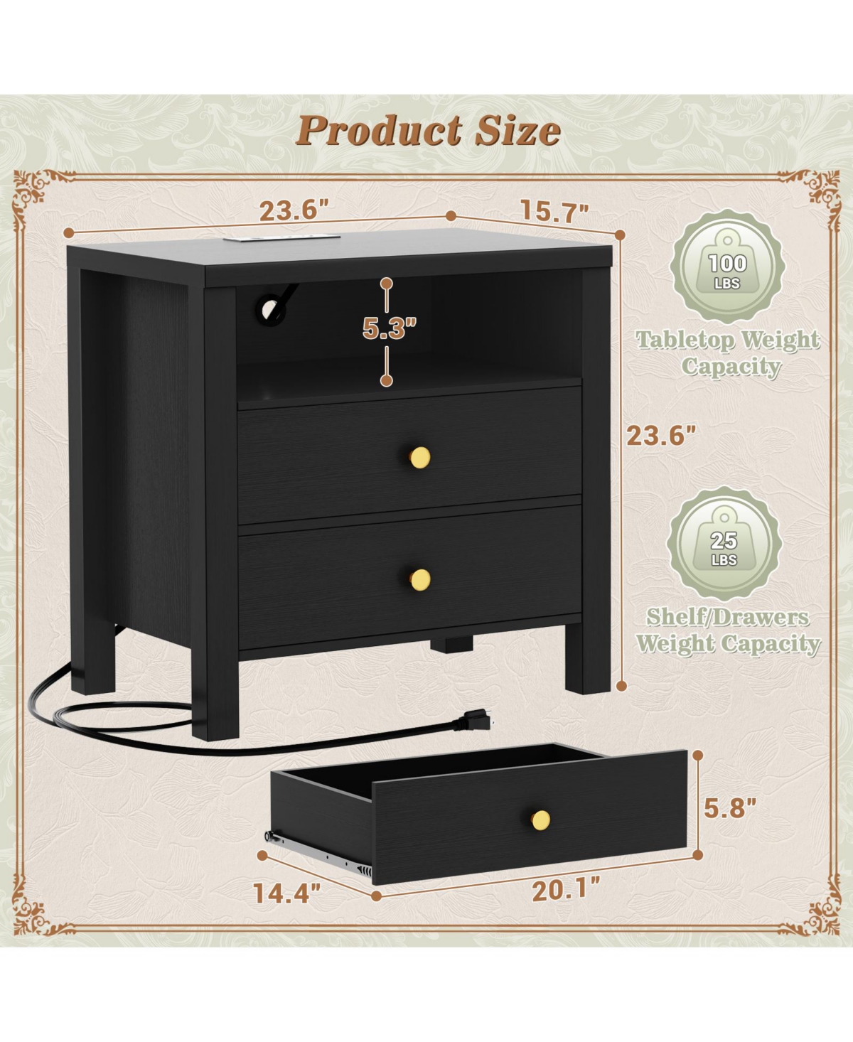 Aheaplus Nightstands Set of 2 with Charging Station and 2-Drawers for Bedroom
