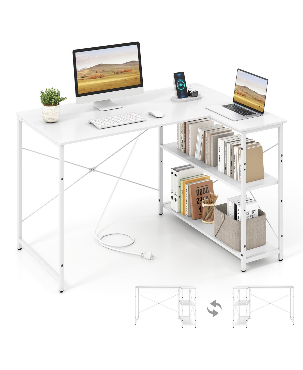 Mecale L-shaped 47 Inch Reversible Corner Desk with Adjustable Storage Shelves - White