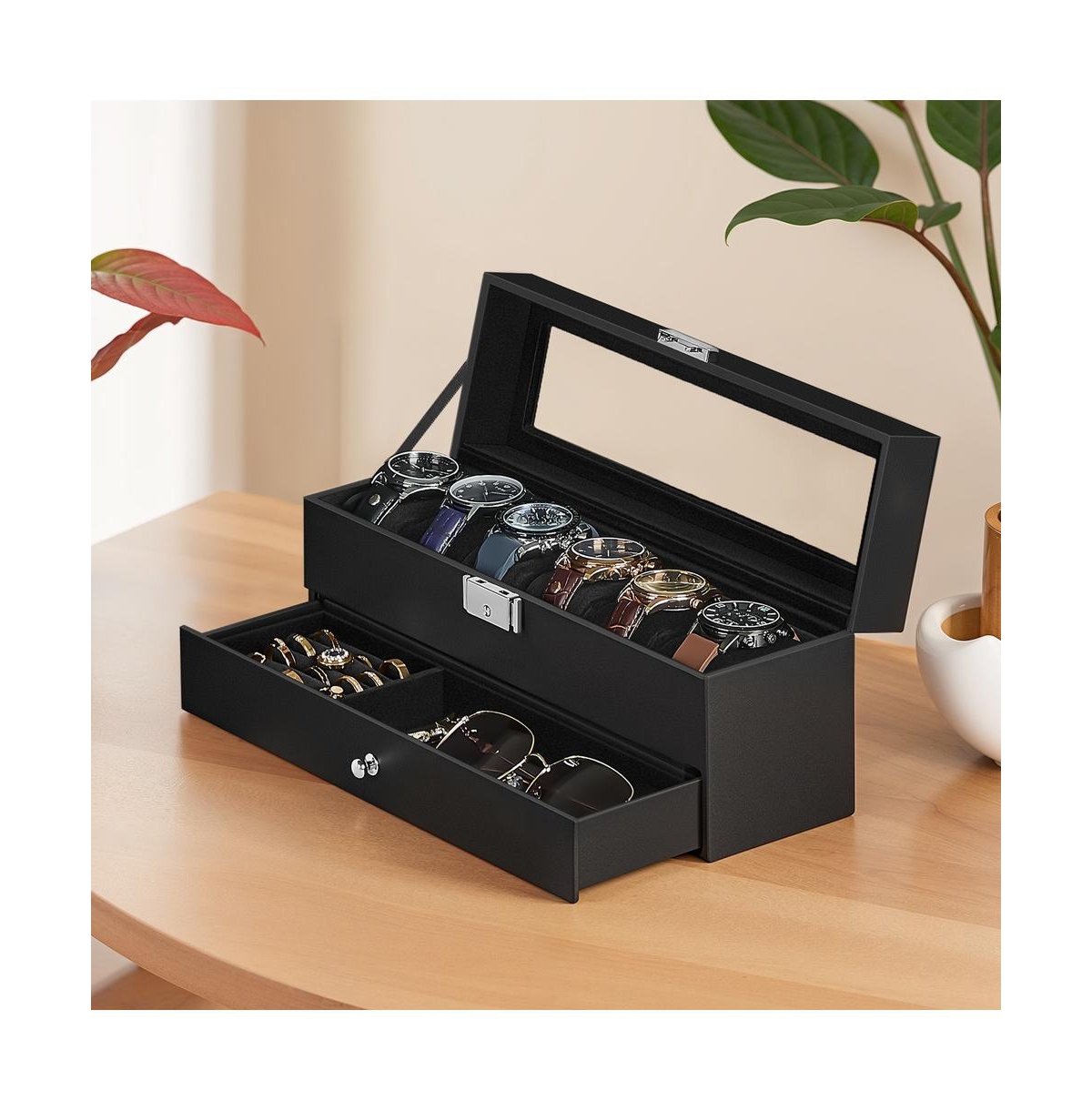 SongmicsHome Jewelry Box Flocking Fabric Organizer with Floating Base - Black