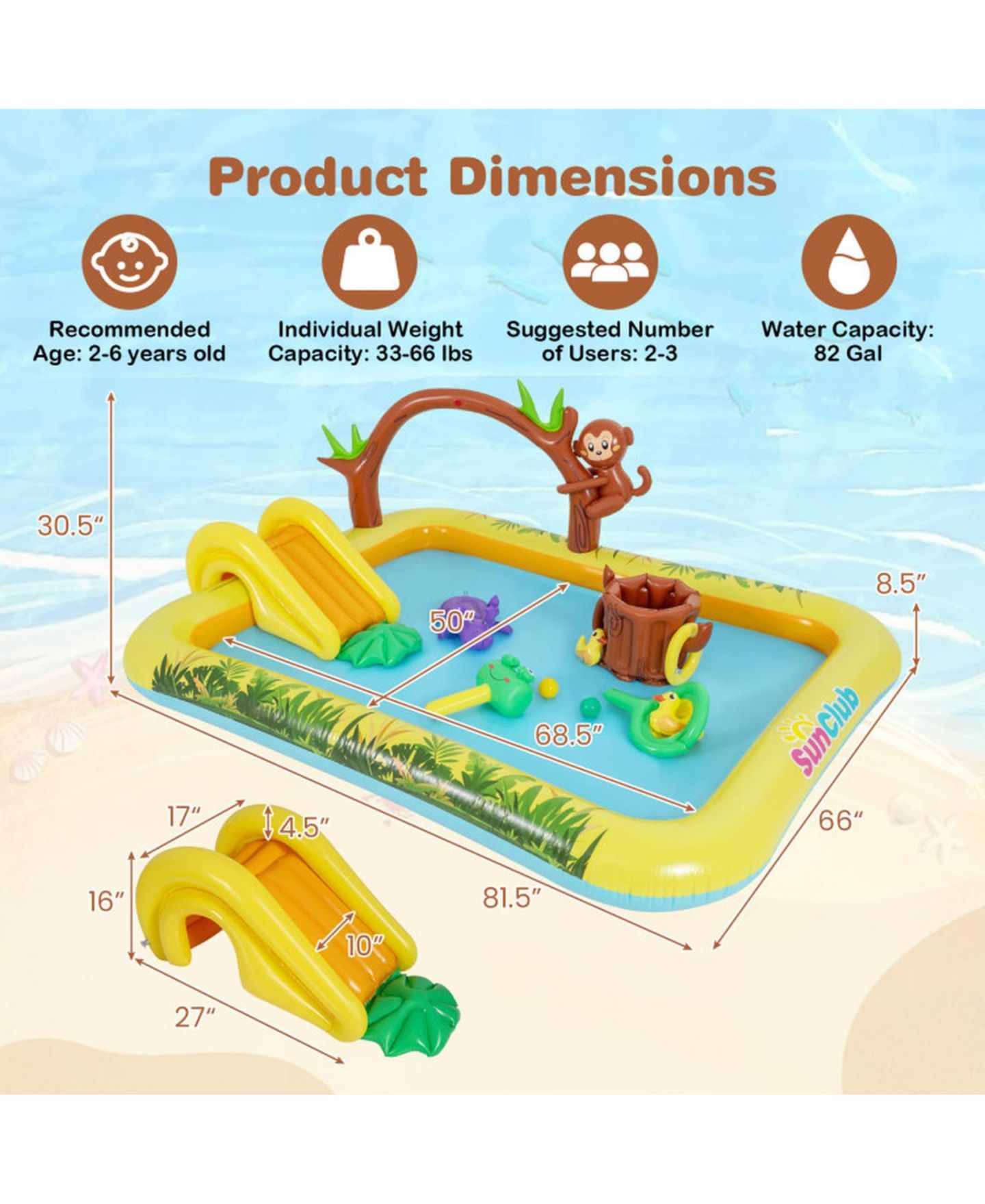 Детская игрушка SUGIFT Animal-Themed Inflatable Splash Pool with Slide and Interactive Water Sprayer Ages 2-6, цвет: Жёлтый — фото 3