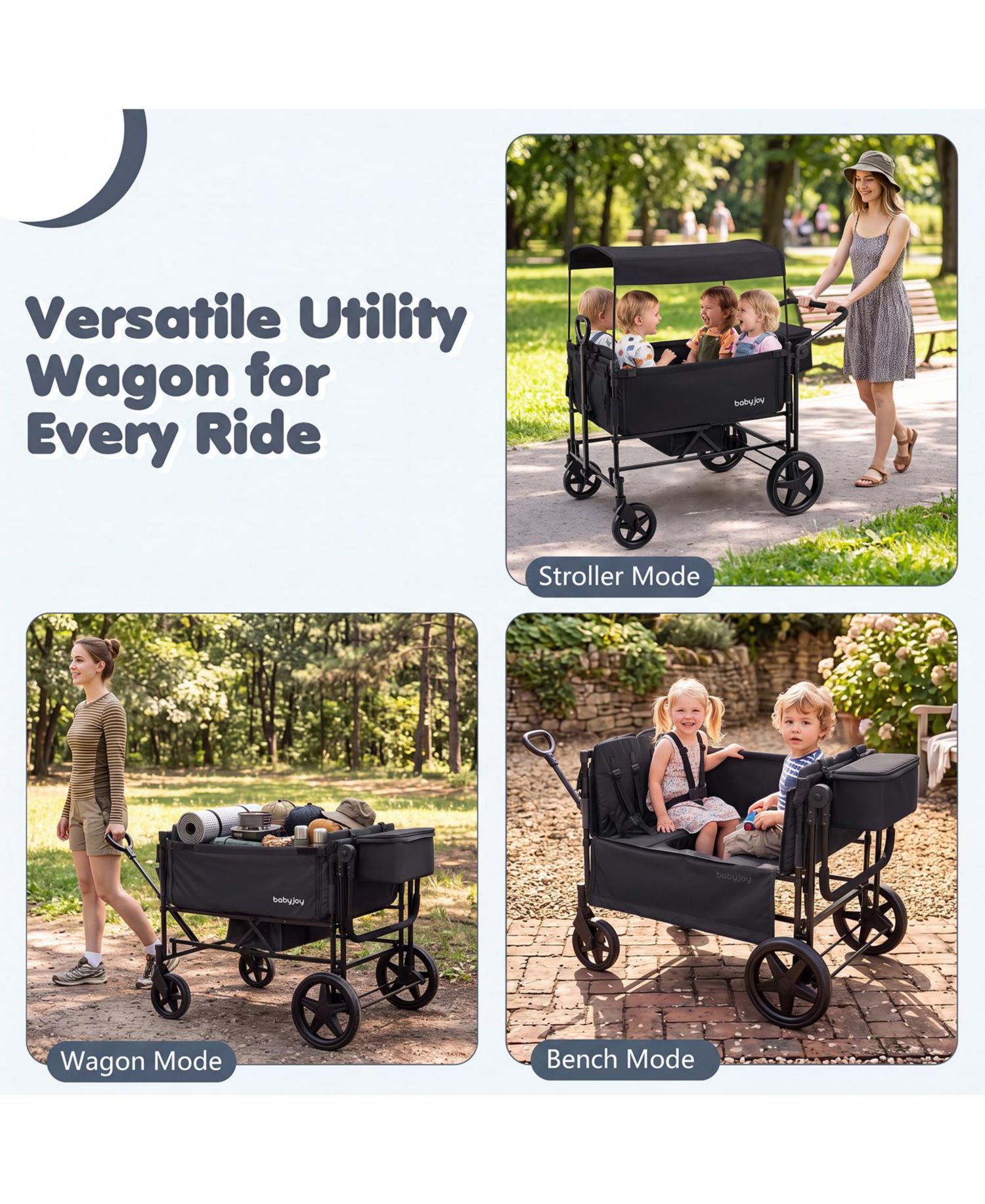 Foldable Wagon Stroller for 4 Kids with Removable Canopy