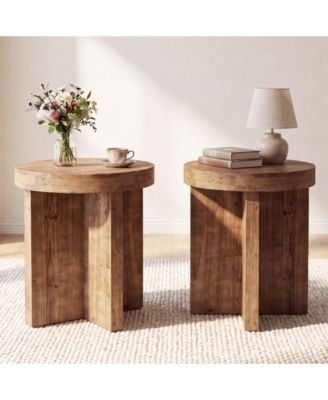 Solid Wood End Table Set of 2, Round Farmhouse Side Table