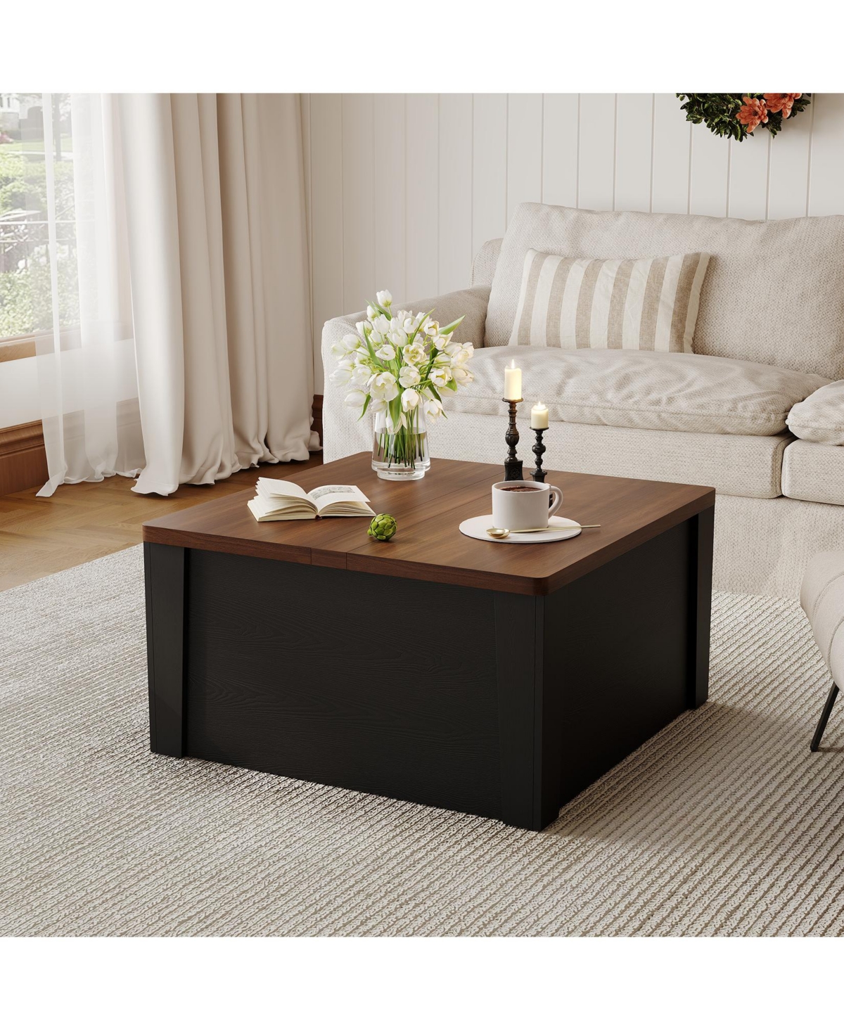homfan 31.5" Square Lift-Top Coffee Table with Dual Flip-Tops and Hidden Storage