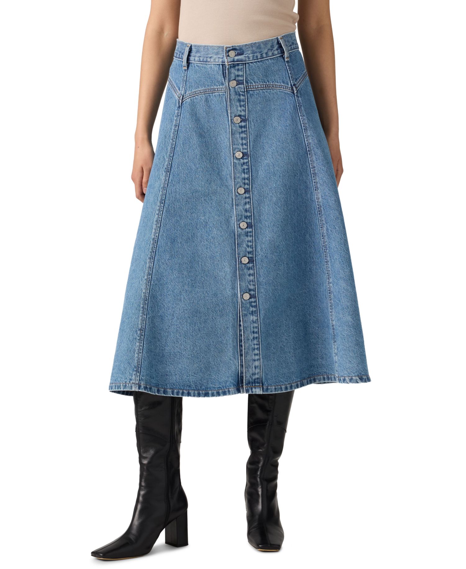 Women's Yoked Western Midi A-Line Denim Skirt