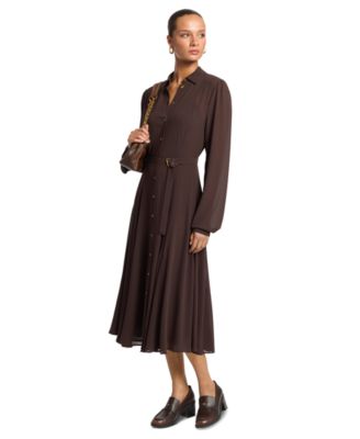 Women's Long-Sleeve Midi Fit-and-Flare Shirt Dress