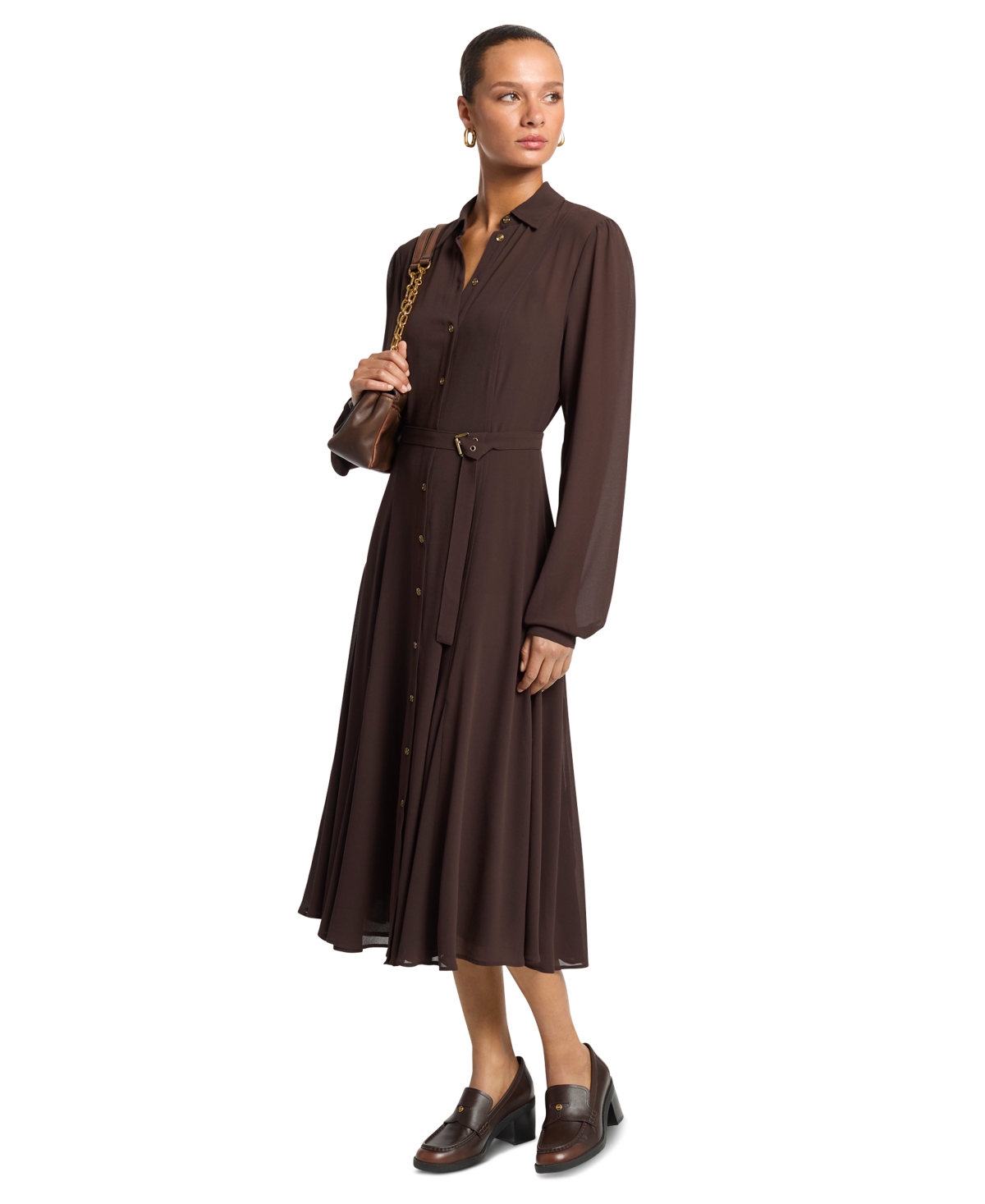 Michael Kors Women's Long-Sleeve Midi Fit-and-Flare Shirt Dress - Chocolate