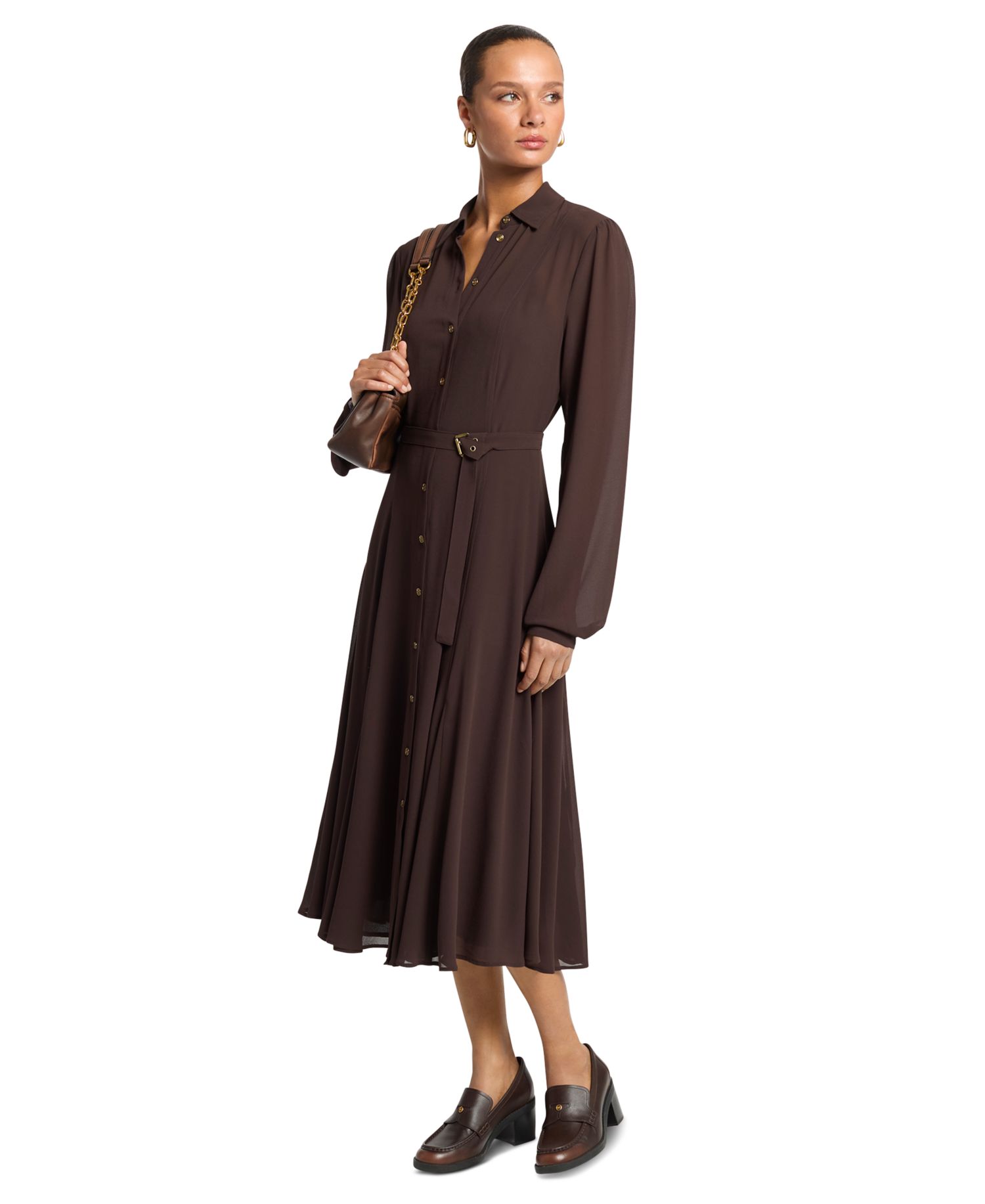 Women's Long-Sleeve Midi Fit-and-Flare Shirt Dress