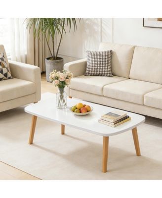 Wooden Folding Coffee Table for Small Spaces, Low Floor Table with Sturdy Wood Legs, No Assembly, White, 39.4x19.7in